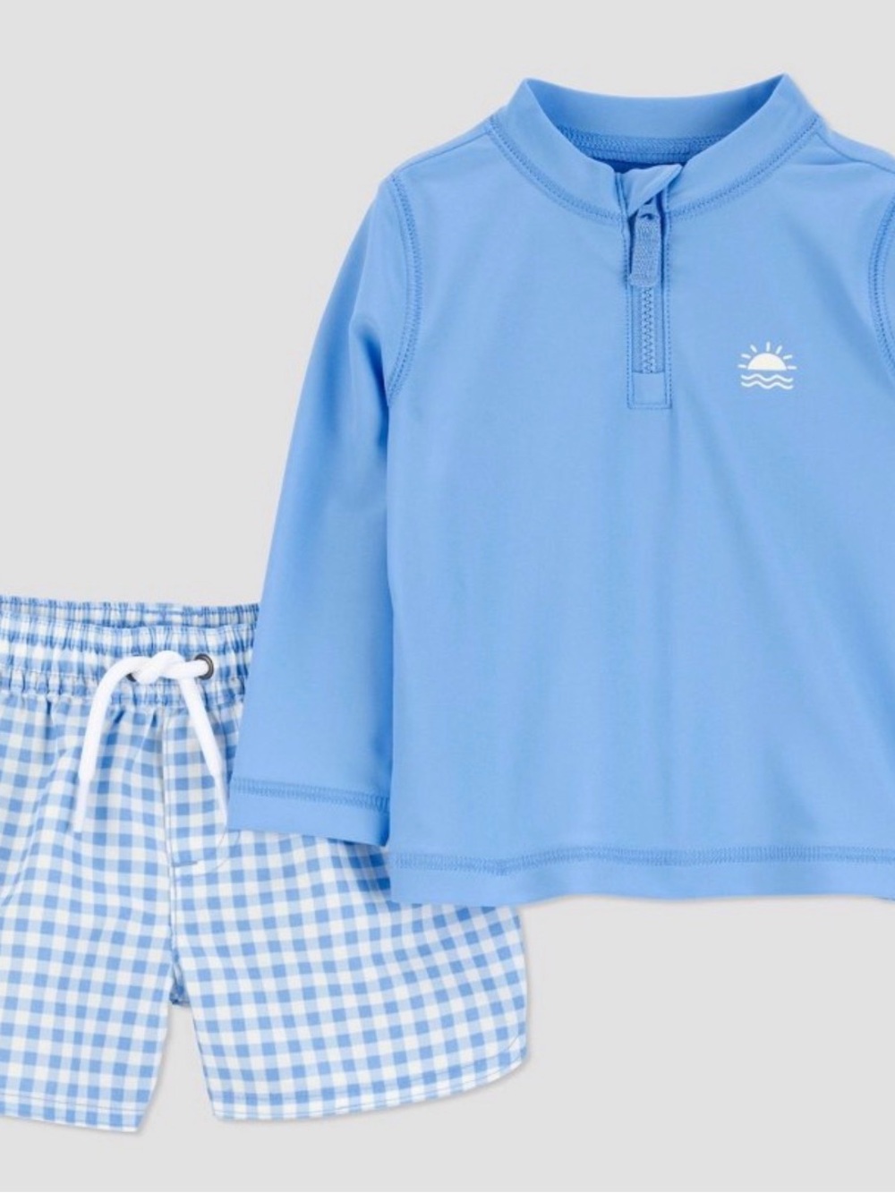Carter's Light Blue Long-Sleeve Rash Guard and Gingham Swim Shorts